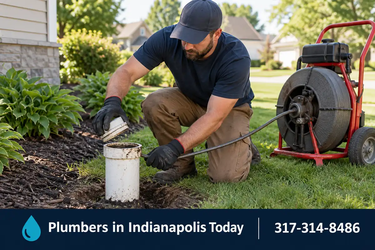 Plumber opening an outdoor sewer cleanout to clear a main line clog