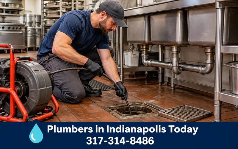 Plumber working under a stainless sink in a commercial kitchen