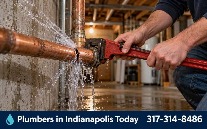 Burst pipe leaking water onto a basement floor