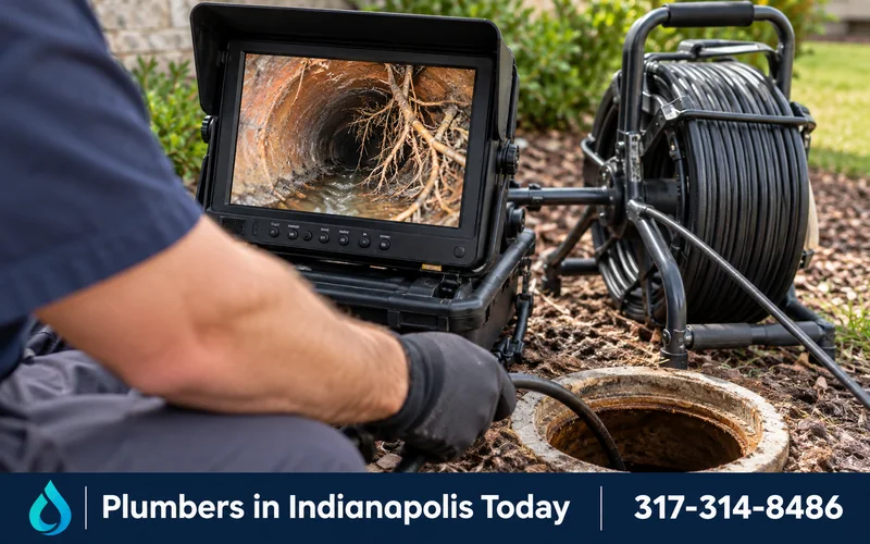 Sewer camera monitor showing tree roots inside a pipe