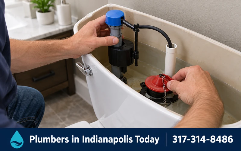 Plumber fitting a new fill valve inside a toilet tank
