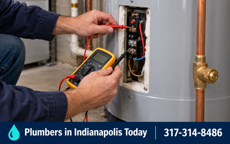 Plumber testing the thermostat on a tank water heater