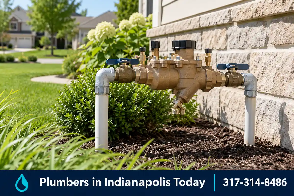 Lawn irrigation backflow preventer beside a suburban home