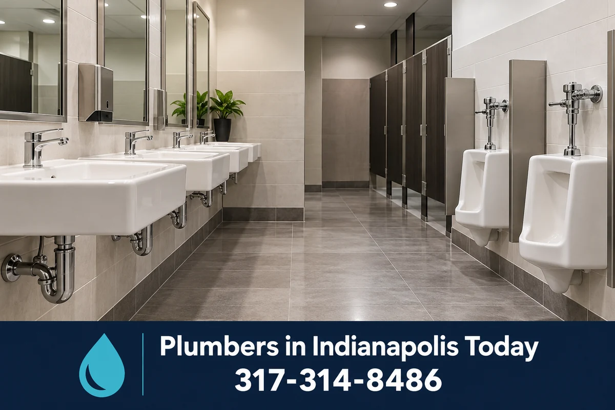 Row of commercial restroom sinks in an office building