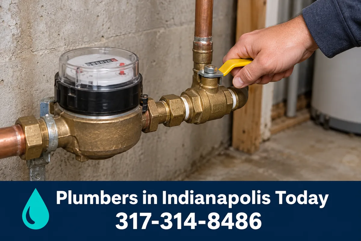 Hand turning a main water shutoff valve in a basement