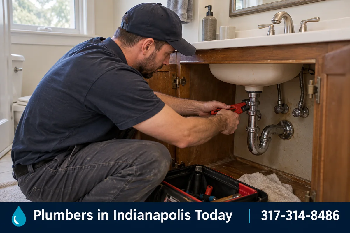 Plumber repairing a bathroom sink in a rental house