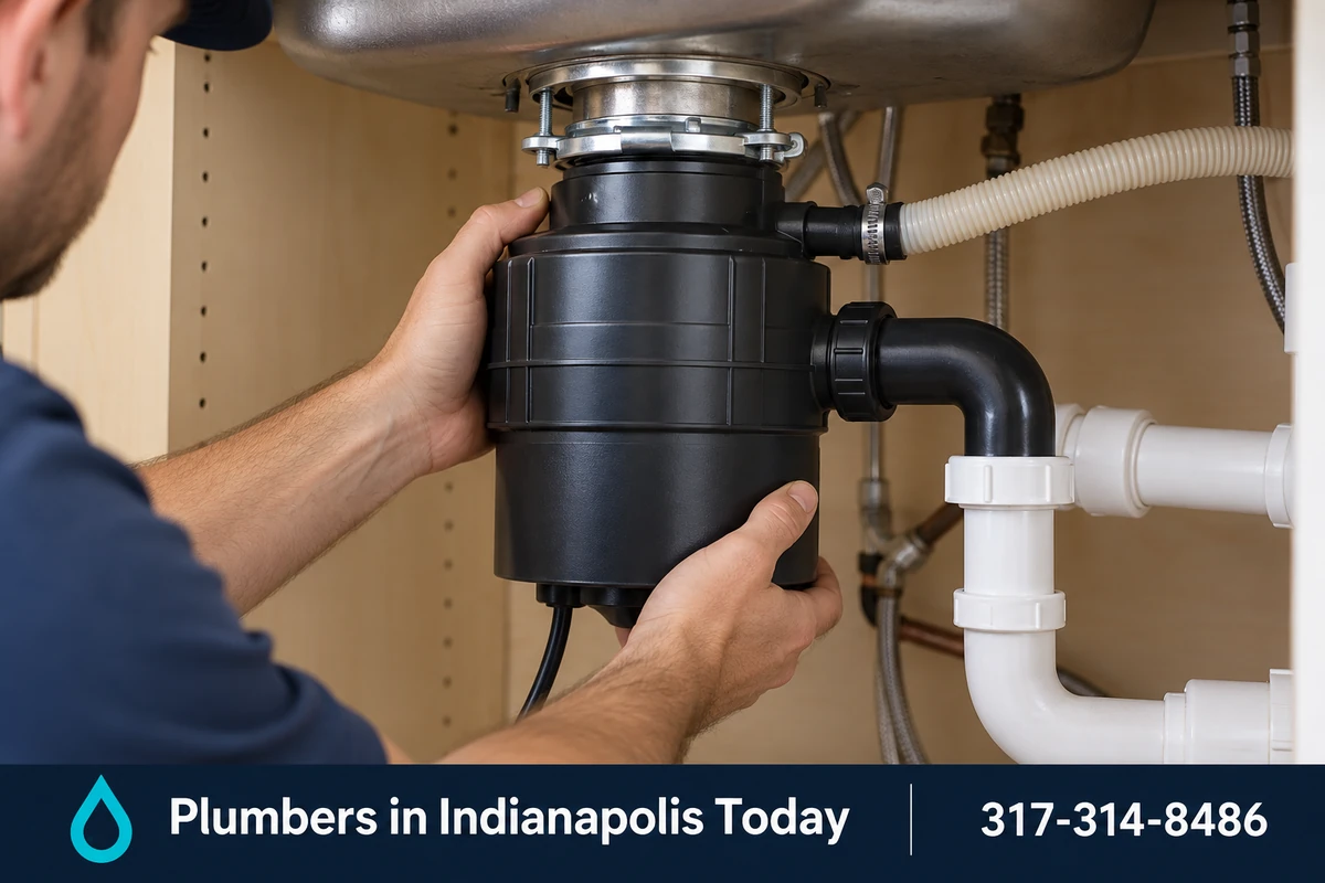 New garbage disposal being installed under a kitchen sink