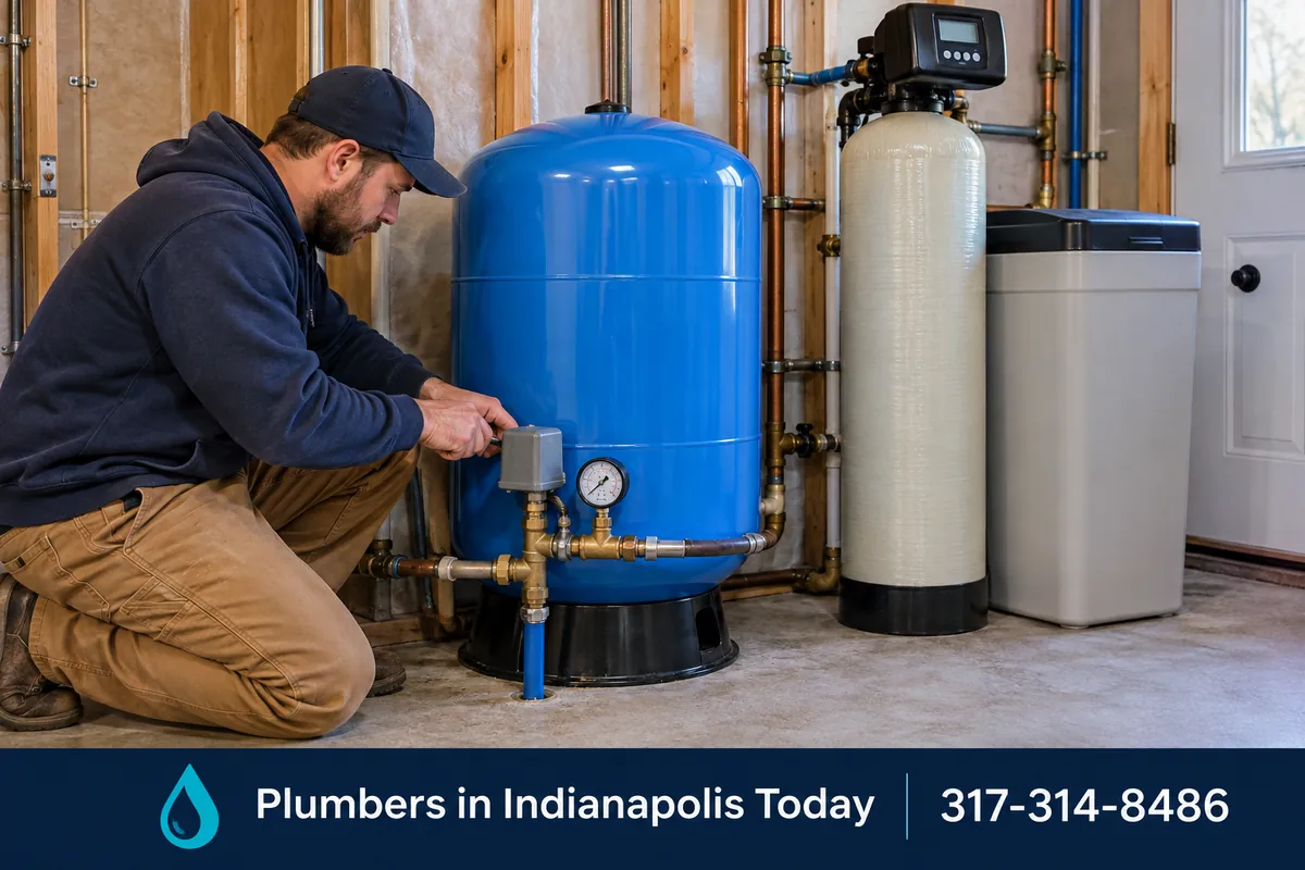 Well pressure tank and water treatment equipment in a rural home