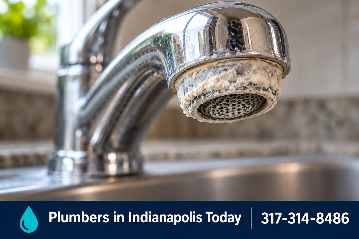 White hard water scale built up on a chrome kitchen faucet