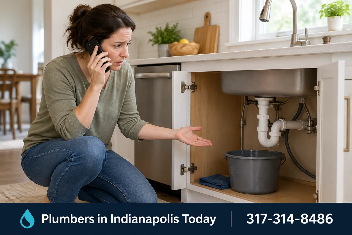 Homeowner on the phone in a kitchen while looking at a leaking sink