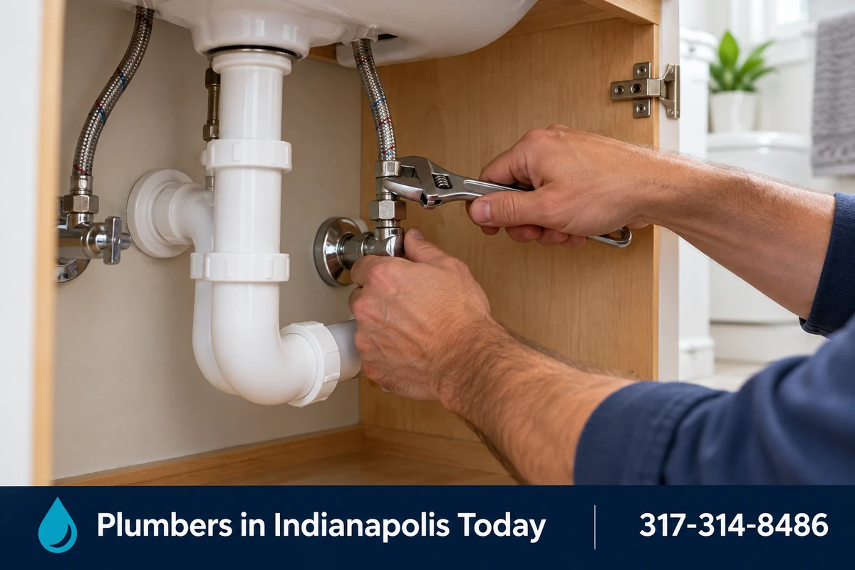 Plumber tightening a supply line under a bathroom vanity