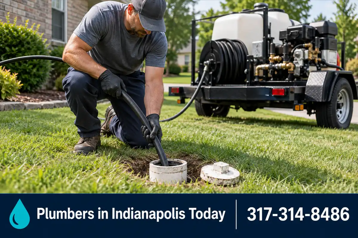 Hydro jetting hose inserted into an outdoor sewer cleanout