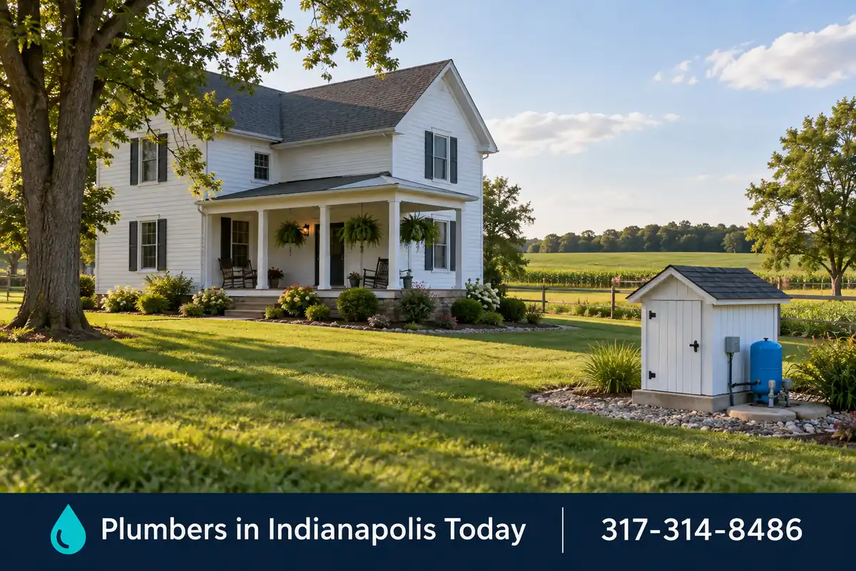 Rural Indiana farmhouse with a well house in the yard