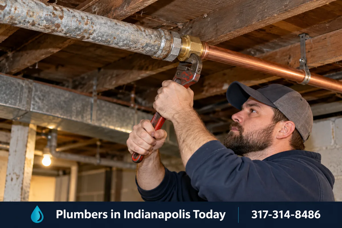 Old galvanized water pipes next to new copper pipe in a basement