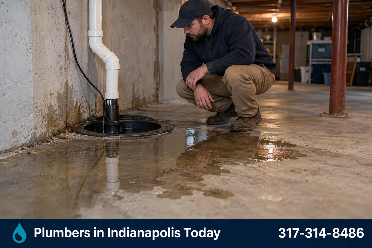 Water on a basement floor beside a sump pit