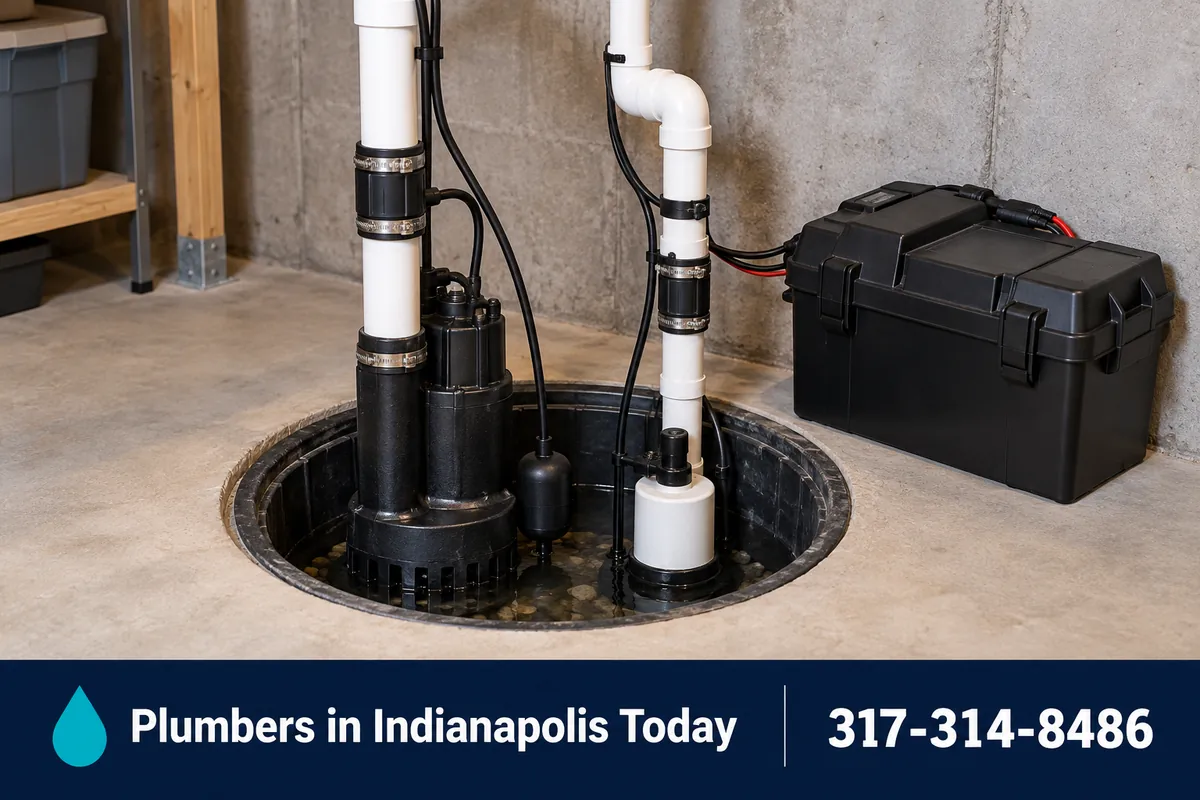 Battery backup sump pump system installed next to a primary pump