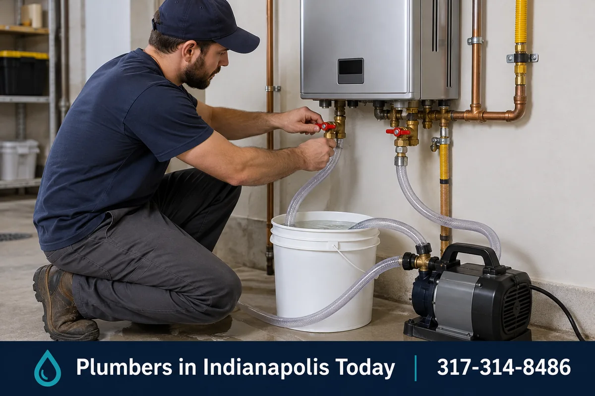 Plumber descaling a wall mounted tankless water heater