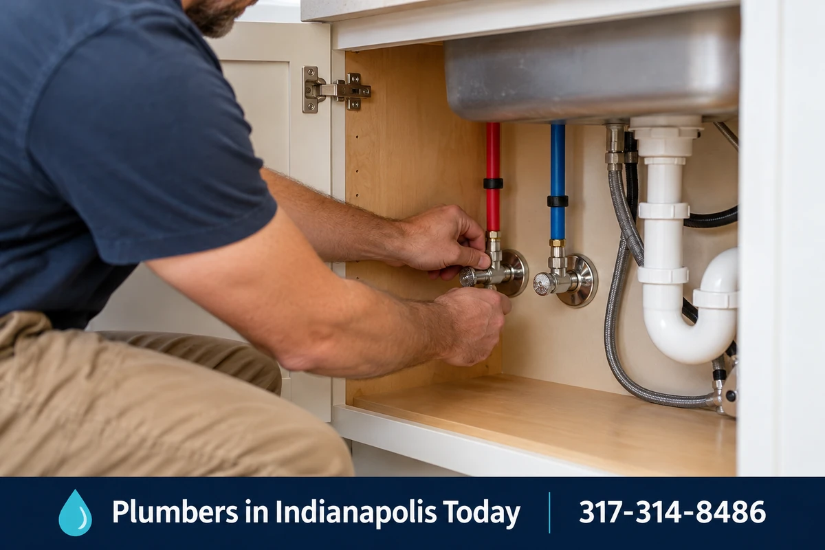 Plumber checking water lines under a sink in a newly built home